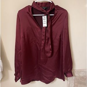 Super cute silky top with collard scarf! The color is a Red Wine color.